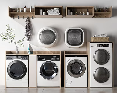 Modern Bathroom Cabinet Rack With Washer Dryer Units Storage Shelves And Towels 3d model