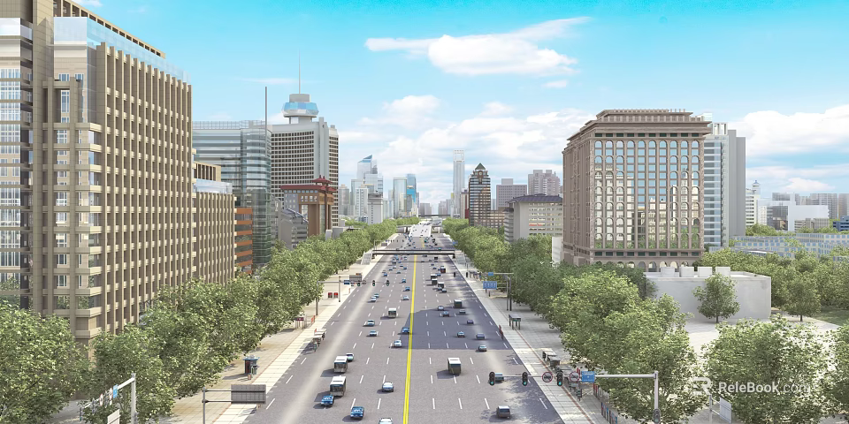 Wide Commercial Street with High Rise Buildings Trees and Vehicles Under Blue Sky 3d model 
