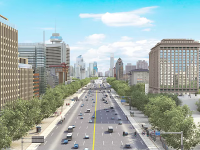 Wide Commercial Street with High Rise Buildings Trees and Vehicles Under Blue Sky 3d model