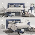 Blue Upholstered Kids Bed with Gray Bedding Nightstand Table Lamp Globe Toys and Striped Rug
