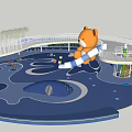 Colorful Children's Playground With Blue Slide Yellow Teddy Bear Green Trees And Grass