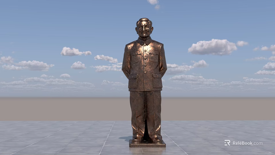 Bronze Landscape Sculpture of Standing Figure with Stone Pedestal Under Blue Sky and White Clouds 3d model 