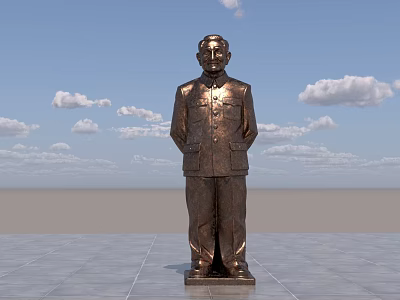 Bronze Landscape Sculpture of Standing Figure with Stone Pedestal Under Blue Sky and White Clouds 3d model