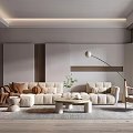 Modern Living Room Interior With Beige Sofa Wooden Elements Floor Lamp Coffee Table And Carpet