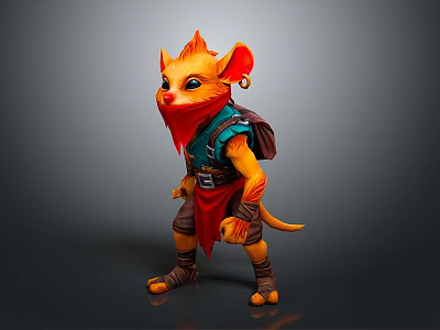 3D Game And Movie Character Orange Rat Creature With Earrings Backpack And Blue Red Outfit 3d model