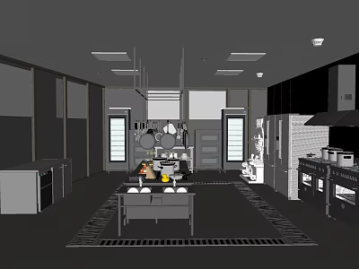 Commercial Kitchen Interior Layout With Worktables Cooking Stoves And Storage Cabinets 3d model