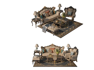 Elegant Ornate Sofa and Coffee Table Set With Throw Pillows Table Lamps And Area Rug 3d model