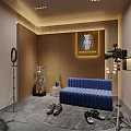 Interior Photography Setup With Blue Sofa KOLLECTION Frame Shoes Display And Green Plant