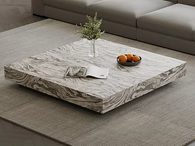 Square Marble Patterned Coffee Table With Green Plant Magazine And Oranges On Gray Rug 3d model