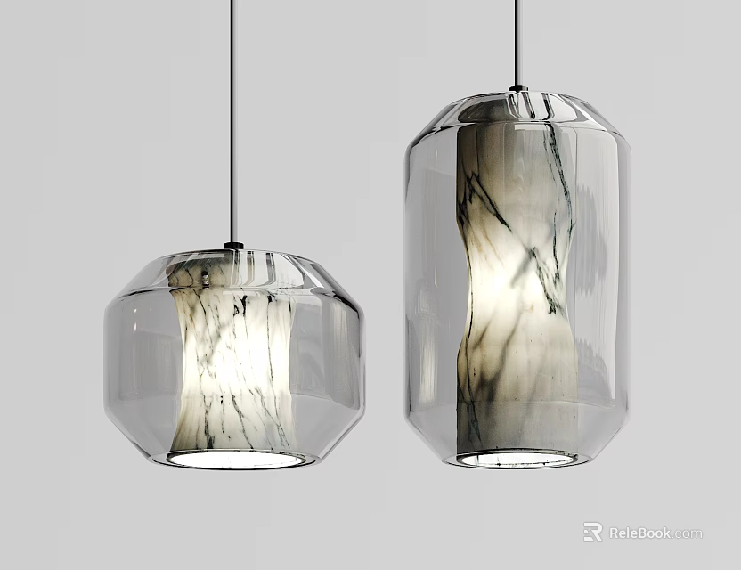 Elegant Modern Pendant Lights With Glass Shades Featuring Marble Veins And Geometric Shapes 3d model 