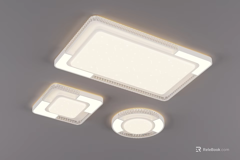 Modern Rectangular And Round Ceiling Lights With White Finish And Decorative Edges 3d model 