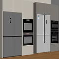 Modern Kitchen With Silver And Dark Gray Refrigerators Built In Ovens And Sleek Cabinets