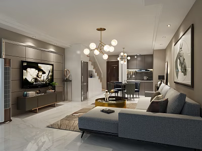 Modern Living Room Interior With Gray Sofa Chandelier TV Wall Marble Floor And Area Rug 3d model