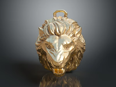 Golden Lion Head Sculpture With Mane Details Front View Dark Background Reflective Surface 3d model