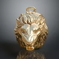 Golden Lion Head Sculpture With Mane Details Front View Dark Background Reflective Surface