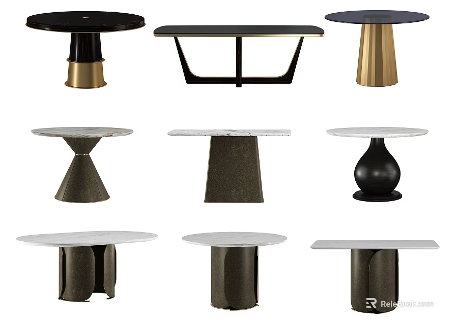 Various Modern Dining Tables With Different Pedestal Bases And Marble Tops 3d model