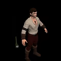 Man Holding Long Sword with Green Gem in Light Tunic and Brown Leather Boots