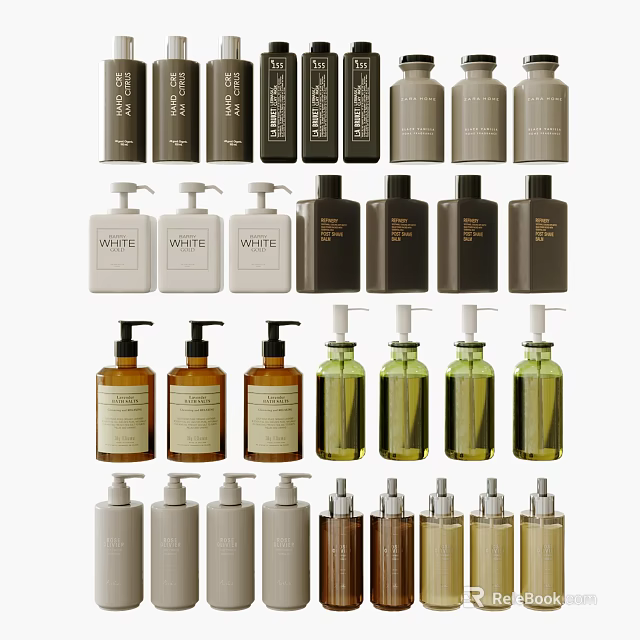 Assorted Daily Cleaning Products With Pump Bottles In Various Colors And Styles 3d model 