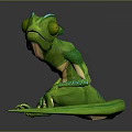Green Chameleon 3D Character Model Sitting With Long Tail On Smooth Reflective Surface 3d model