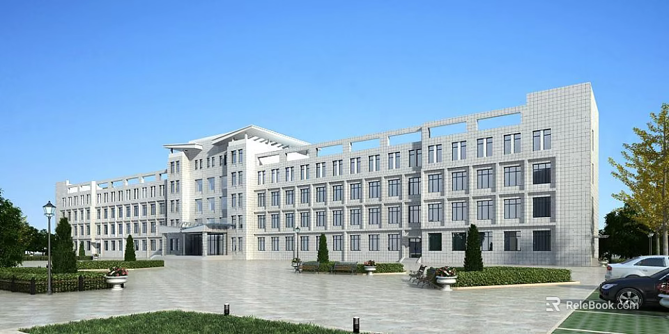 Modern White School Building Exterior With Plaza Greenery Trees And Clear Blue Sky 3d model 