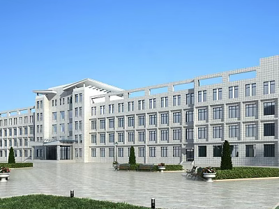 Modern White School Building Exterior With Plaza Greenery Trees And Clear Blue Sky 3d model
