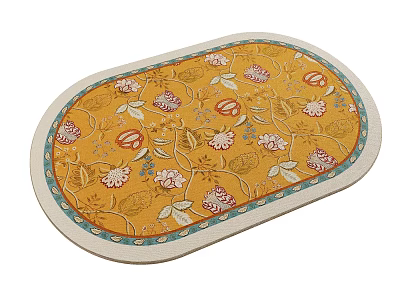 Decorative Oval Yellow Rug With Floral Leaf Patterns And Blue Beige Border 3d model