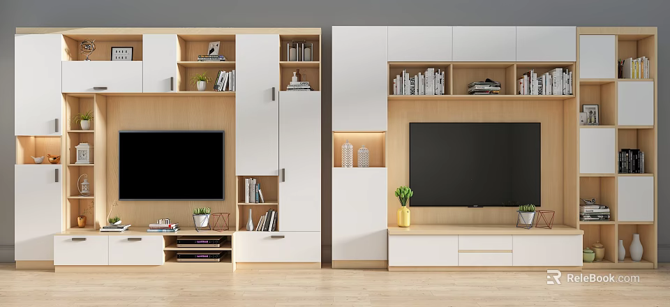 Modern White And Wooden TV Stand With Storage Shelves Drawers Decorations And Potted Plants 3d model 