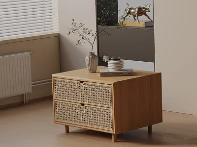 Modern Wood Bedside Table With Rattan Drawers Vase Plants And Books On Top 3d model