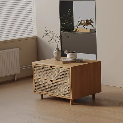 Modern Wood Bedside Table With Rattan Drawers Vase Plants And Books On Top 3d model