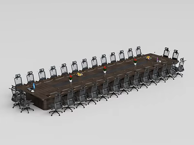 Modern Long Wooden Conference Table With Office Chairs And Tabletop Decor 3d model