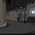 Stylish Restaurant Interior Featuring Arched Doorways Circular Tiled Floor Central Column And Mural Decor