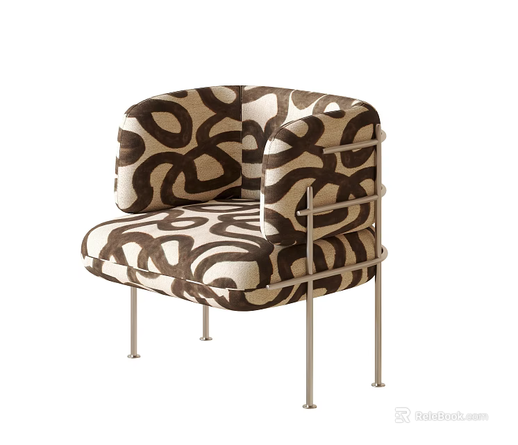 Modern Leisure Chair With Abstract Swirl Pattern Upholstery And Silver Metal Frame 3d model 