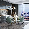 Modern Dining Table Set with Marble Top Light Green Chairs and Gold Legs in Kitchen