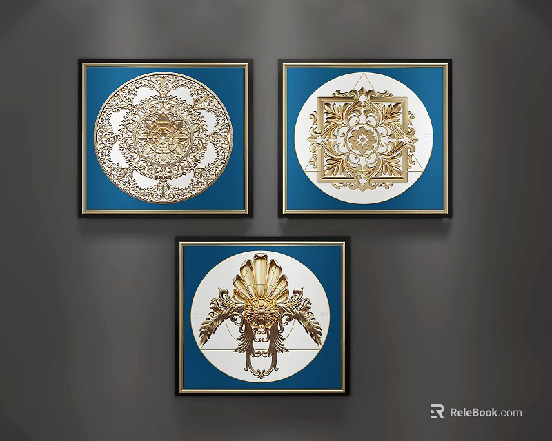 Three Abstract Paintings With Golden Intricate Patterns Blue Backdrops And Black Frames 3d model