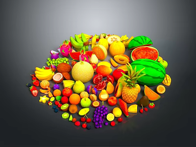 Fresh Assorted Fruits Arranged in Circular Pattern With Vibrant Colors Banana Pineapple Watermelon Orange Grape 3d model
