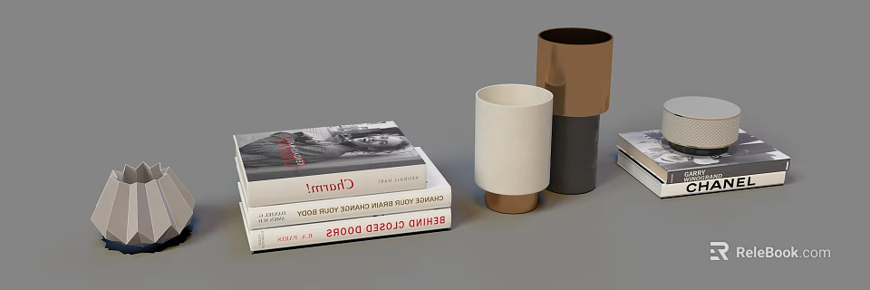 Stylish Decorative Ornament Set With Stacked Books And Colorful Cups For Home Decoration 3d model 