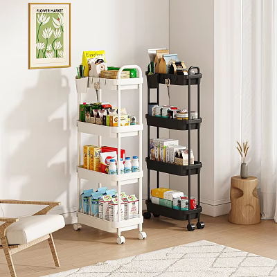 Kitchen Rolling Multi tier Storage Racks in White and Black for Food Supplies Organization 3d model
