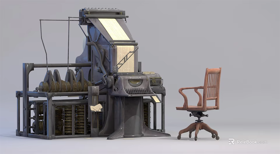 Vintage Computer Equipment With Wooden Office Chair And Classic Design Features 3d model 
