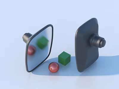 Household Mirrors With Red Ball And Green Cube On Light Surface 3d model