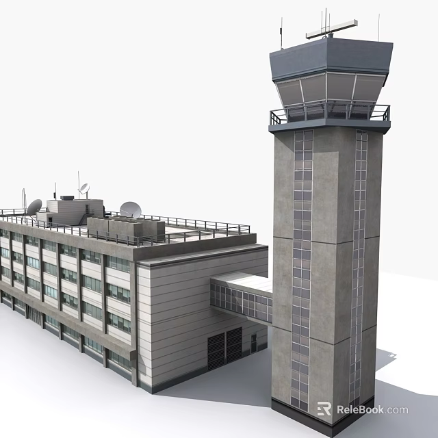 Airport Control Tower And Terminal Building With Gray Exterior And Roof Equipment 3d model 