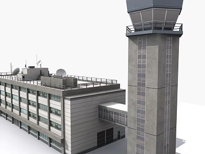 Airport Control Tower And Terminal Building With Gray Exterior And Roof Equipment 3d model