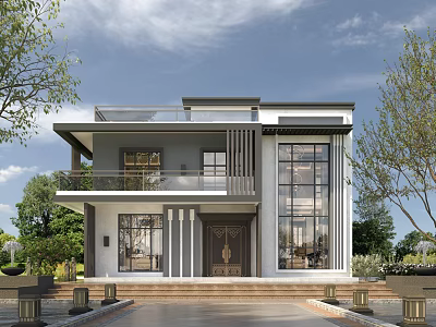 Modern Two Story Detached Villa Exterior With Large Windows Balcony And Greenery 3d model