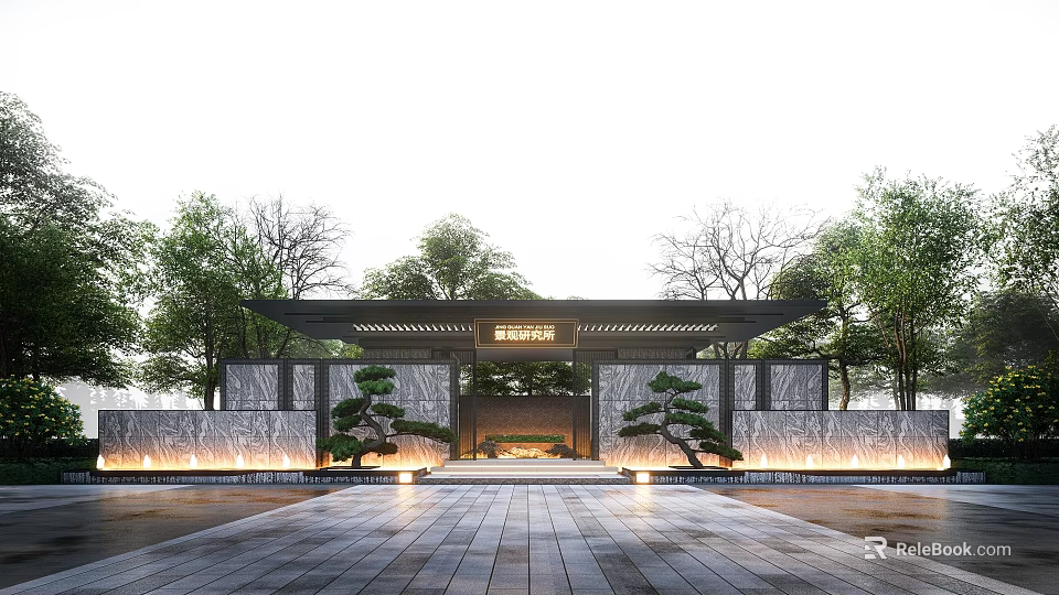 Traditional Chinese Building Exterior Wall With Stone Surface Decorative Pine And Entrance Lighting 3d model 