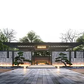 Traditional Chinese Building Exterior Wall With Stone Surface Decorative Pine And Entrance Lighting
