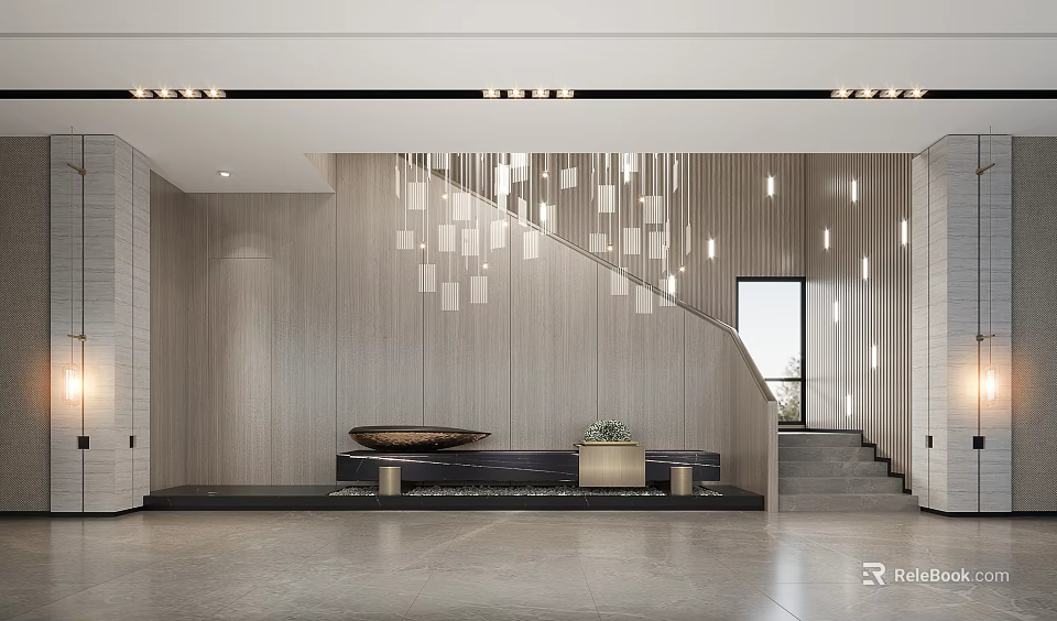 Modern Elegant Sales Office Lobby With Wooden Walls Geometric Hanging Lights Staircase And Marble Bench 3d model 