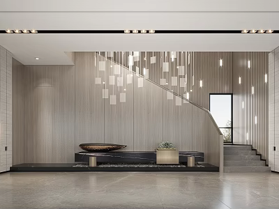 Modern Elegant Sales Office Lobby With Wooden Walls Geometric Hanging Lights Staircase And Marble Bench 3d model