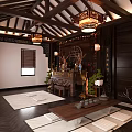 Traditional Chinese Religious Worship Space With Wooden Roof Lantern Chandeliers And Altar Decorations
