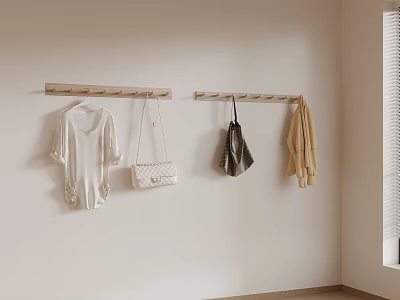 Wooden Hook Racks On Wall With Hanging Clothes And Stylish Bags 3d model