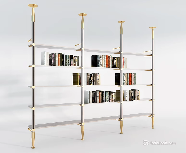 Modern Elegant Bookshelf With Golden Metal Frame And Multiple Shelves Holding Organized Books 3d model 