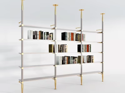 Modern Elegant Bookshelf With Golden Metal Frame And Multiple Shelves Holding Organized Books 3d model